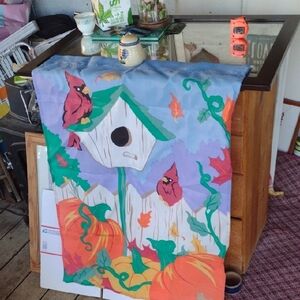 Colorful Birdhouse and Pumpkin Garden Flag